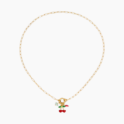 Gold necklace with a colorful pendant on a white background