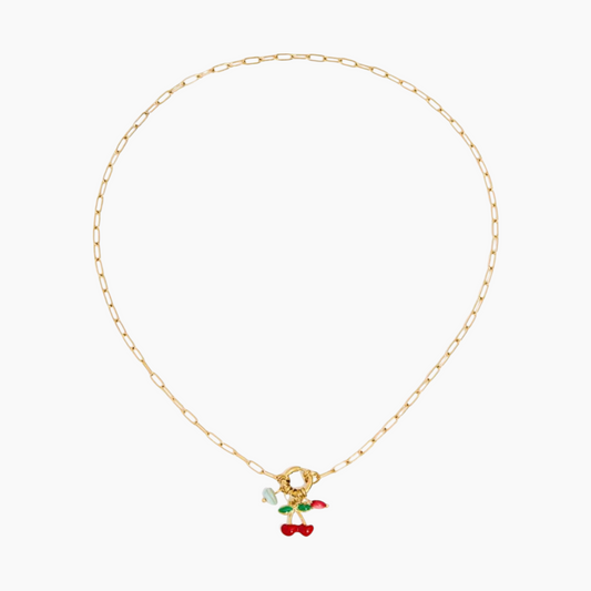 Gold necklace with a colorful pendant on a white background