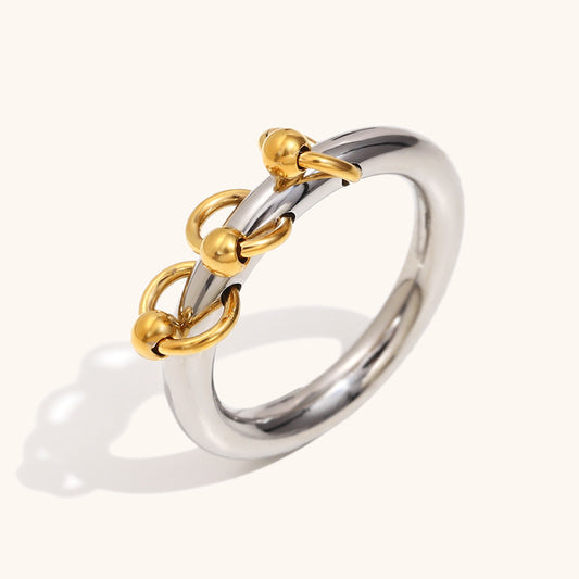 Bold silver and gold ring with dangling gold ball accents, waterproof and tarnish-free