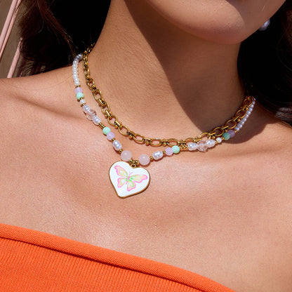 Heart-shaped butterfly enamel pendant with multicolor beads