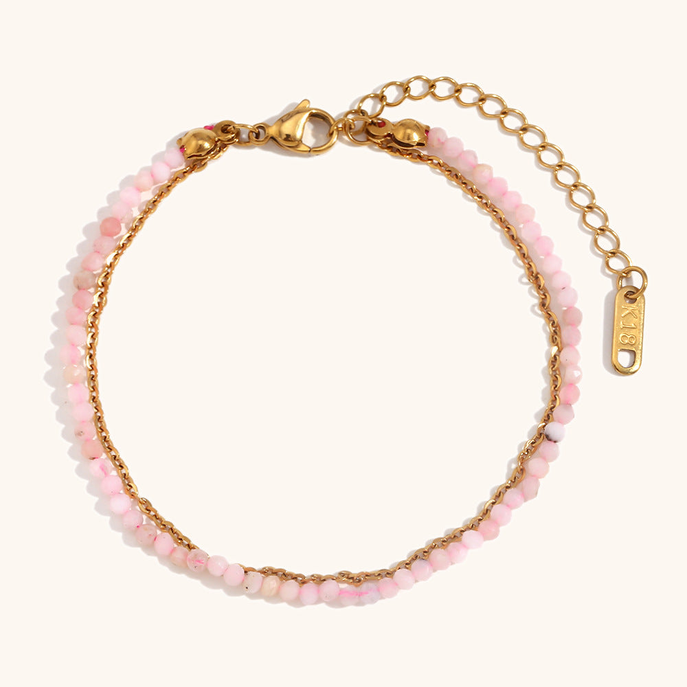 Sweet pink faceted crystal bracelet with adjustable 18K gold clasp and chain.