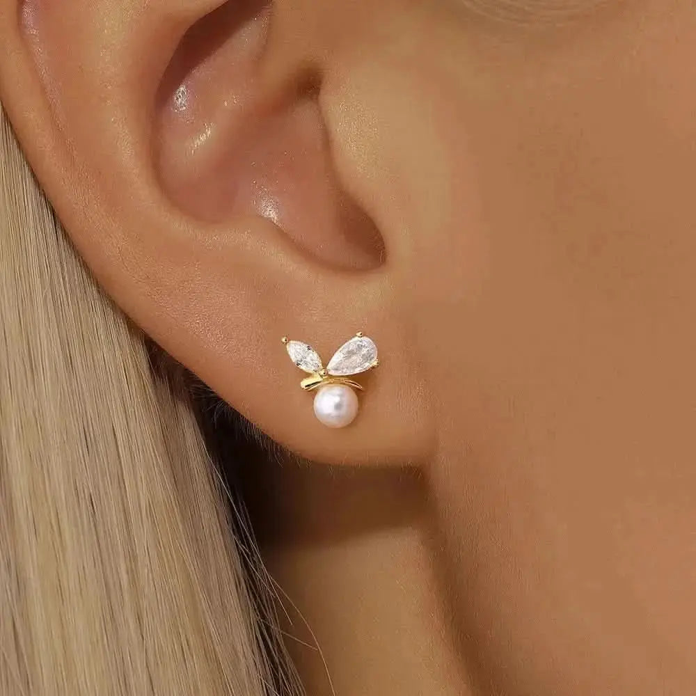 Pearl and Zirconia Leaf Stud Earrings