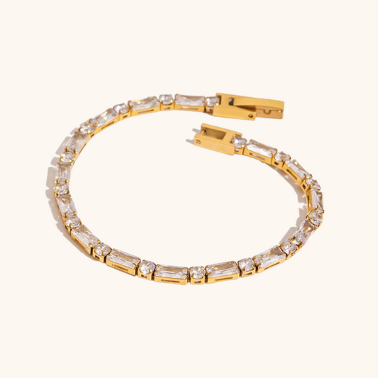 Waterproof white crystal bracelet styled with summer vacation outfit_MiFJewelry