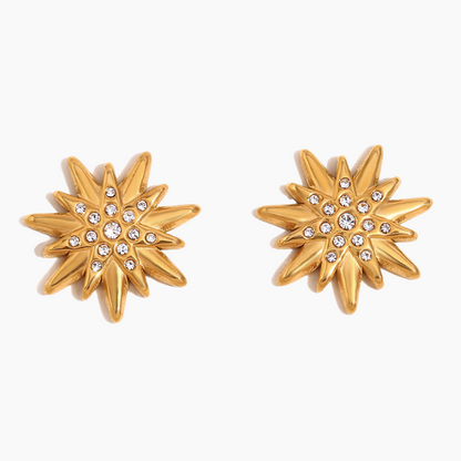 Gold star-shaped earrings with clear gemstones on a white background
