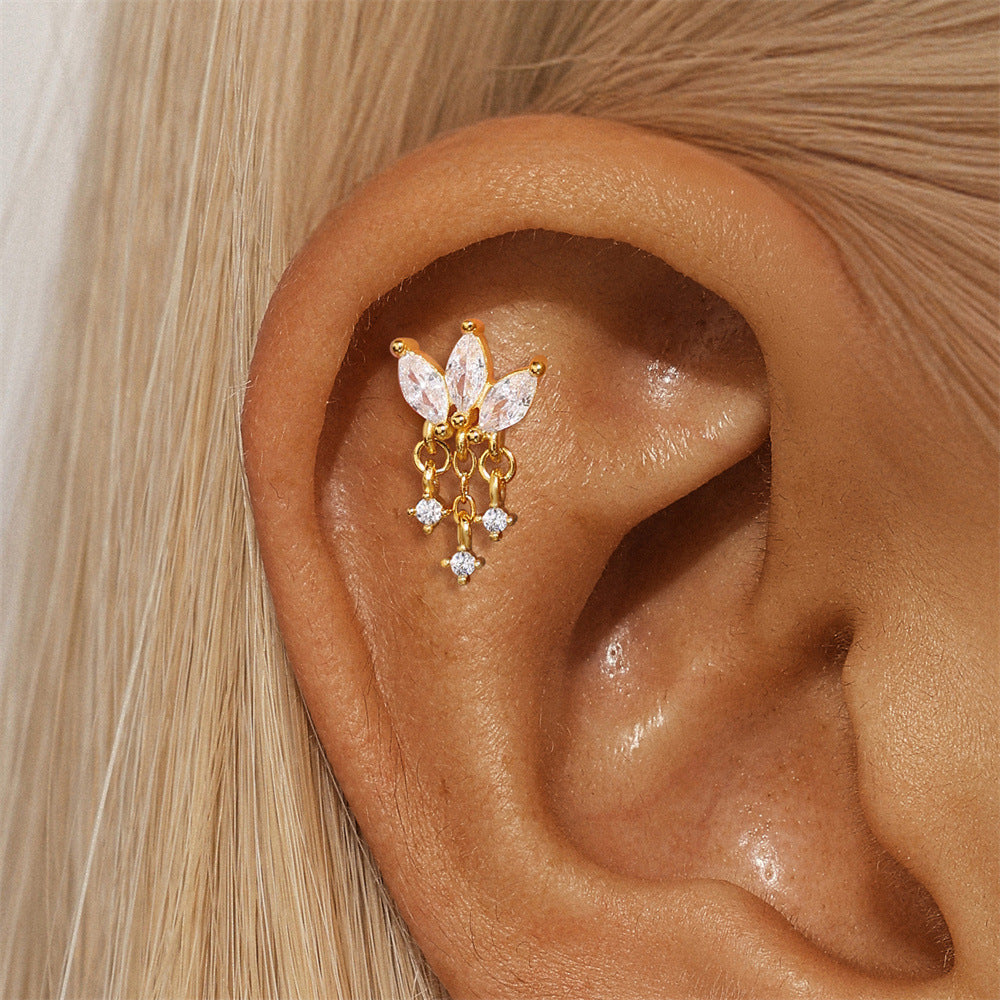 Dainty zircon chain stud earrings, perfect for cartilage piercings. Featuring marquise-cut zircon stones and dangling crystal accents for extra sparkle.