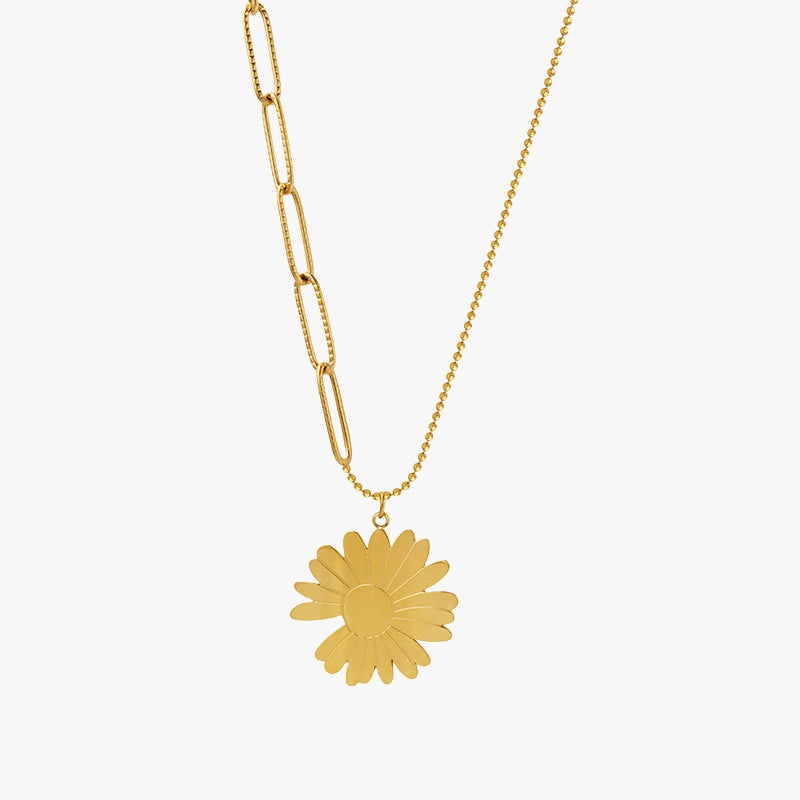 Daisy pendant sweater chain necklace with 70cm length, gold color, on a clean white background, perfect for layering.