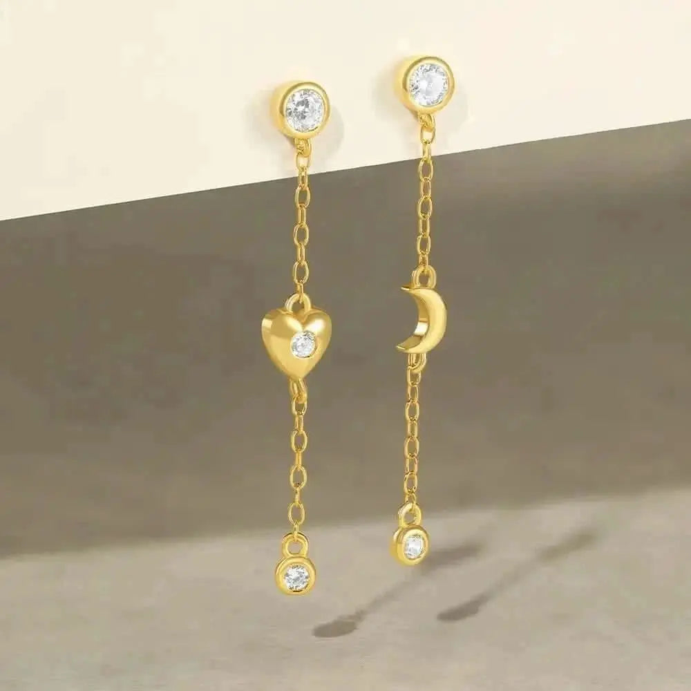 Boucles d'oreilles pendantes à longue chaîne en forme de cœur et de lune