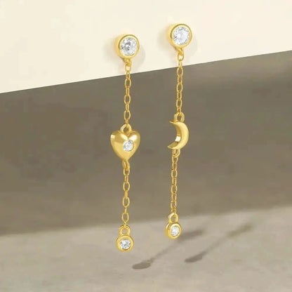 Heart and Moon Long Chain Drop Earrings