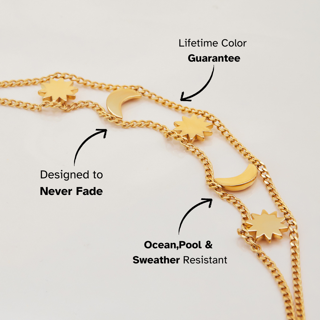Close-up of dual chain links with celestial pendants.