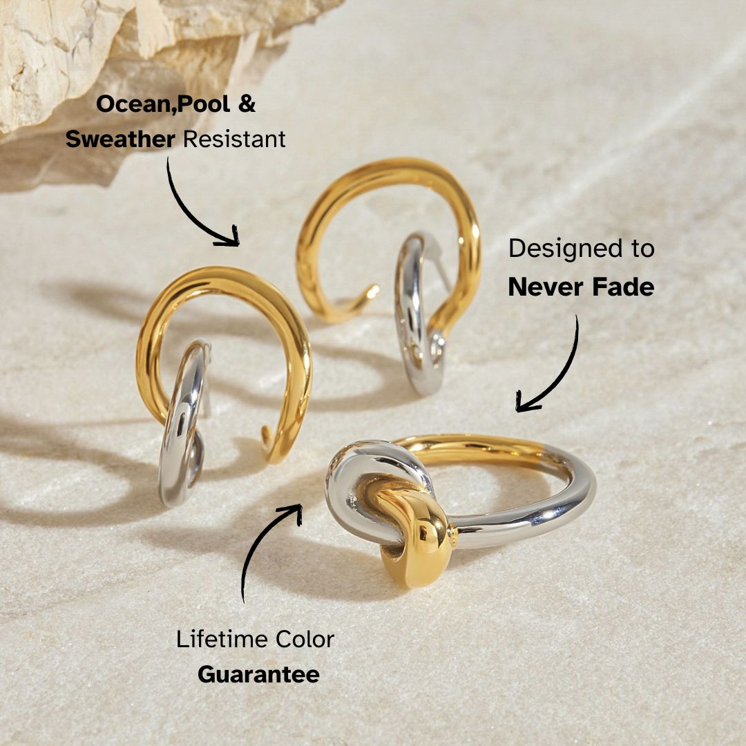 Set of gold and silver twisted rings styled on textured stone