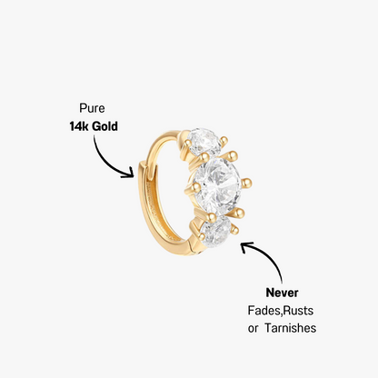 Elegant three-stone hoop earring in 14K gold