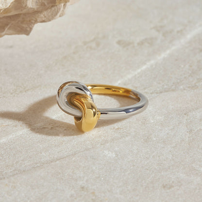 Minimalist two-tone interlocking ring on display stone