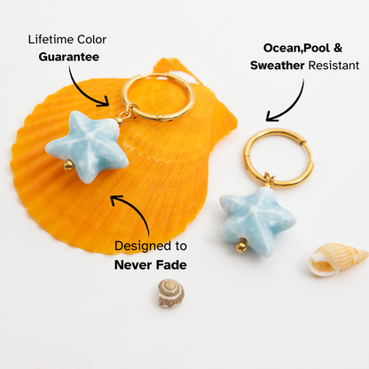 Star-shaped keychain with gold ring on a shell, surrounded by text highlighting features.
