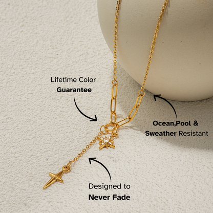 Gold necklace with charms on a light gray background, featuring text about its features.