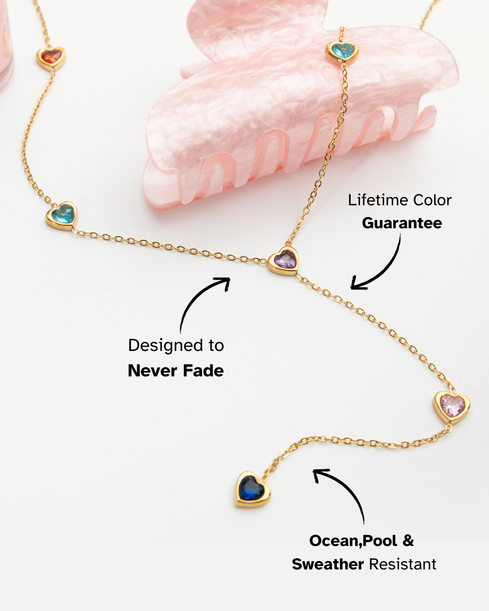 Gold necklace with heart-shaped gemstones on a white background