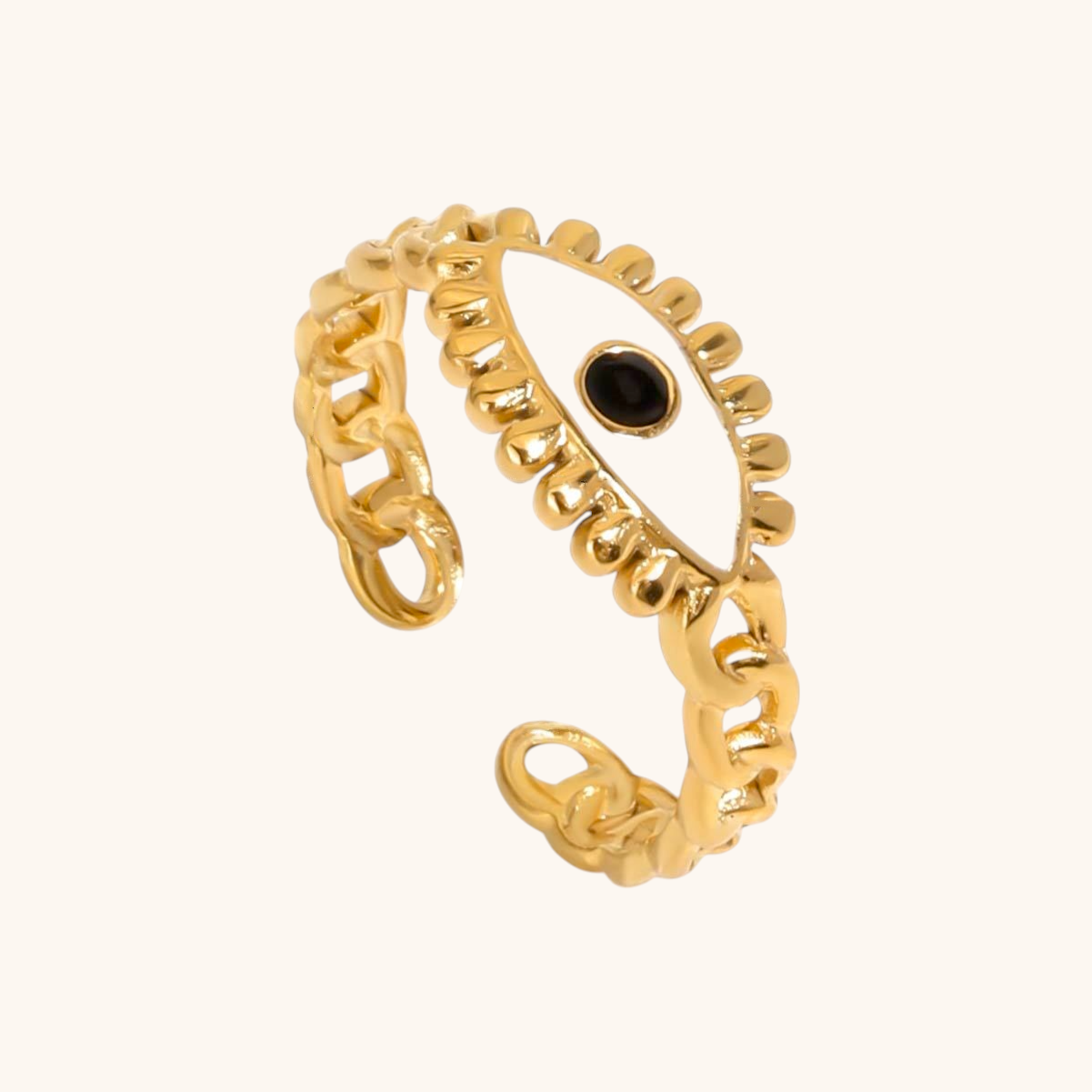 Gold evil eye ring with white enamel and chain design