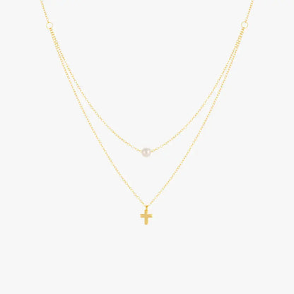 Double Layered Cross & Pearl Pendant Necklace