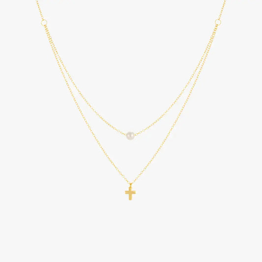 Double Layered Cross & Pearl Pendant Necklace