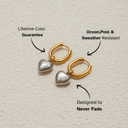 Gold and silver hoop earrings on a textured beige background with text highlighting features.