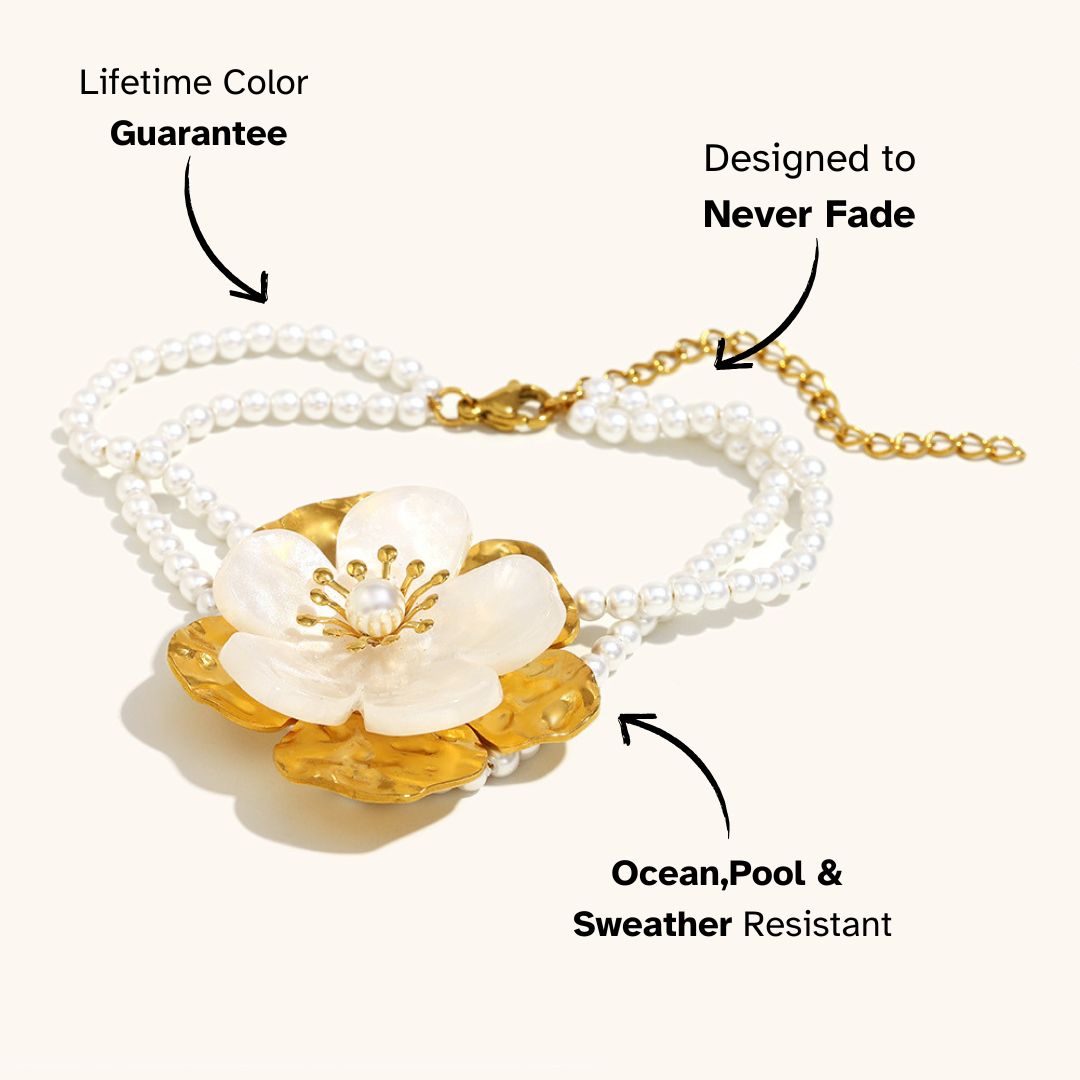 Elegant gold and pearl flower bracelet with double strand design, perfect for weddings or garden parties, waterproof and fade-resistant