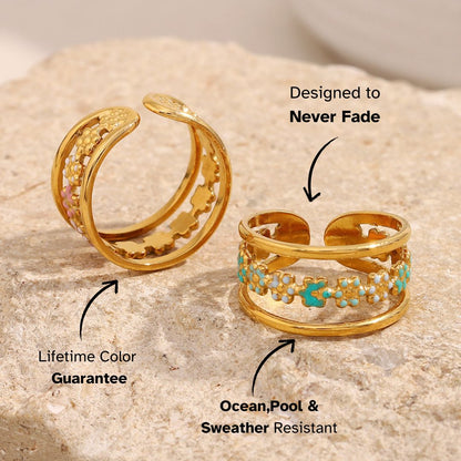 Gold adjustable rings with pastel enamel flowers, perfect for beach and summer wear