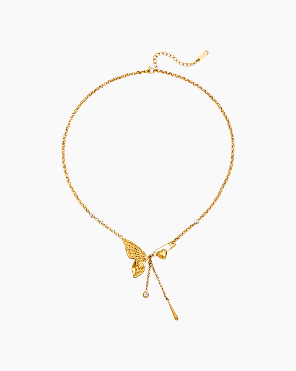 Gold necklace with a butterfly pendant on a white background