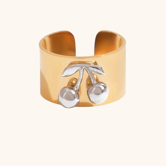 Stylish gold cherry ring with silver fruit accent, never-fade design