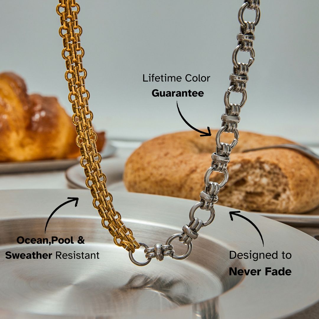 Mixed metal necklace displayed on silver plate with bagel, showcasing gold and silver contrast chain links.