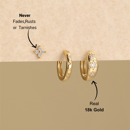 925 sterling silver star and flower earring set placed on a beige background, showing floral studs and starry hoop earrings.