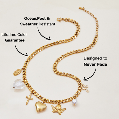 Waterproof gold bracelet styled with layered pearl necklaces