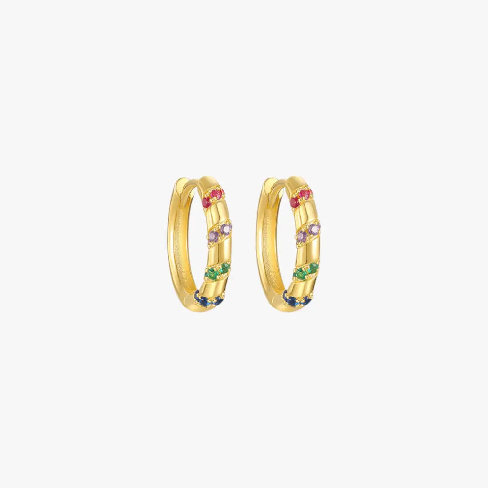 Colorful gemstone gold hoop earrings featuring vibrant sapphires and emeralds.
