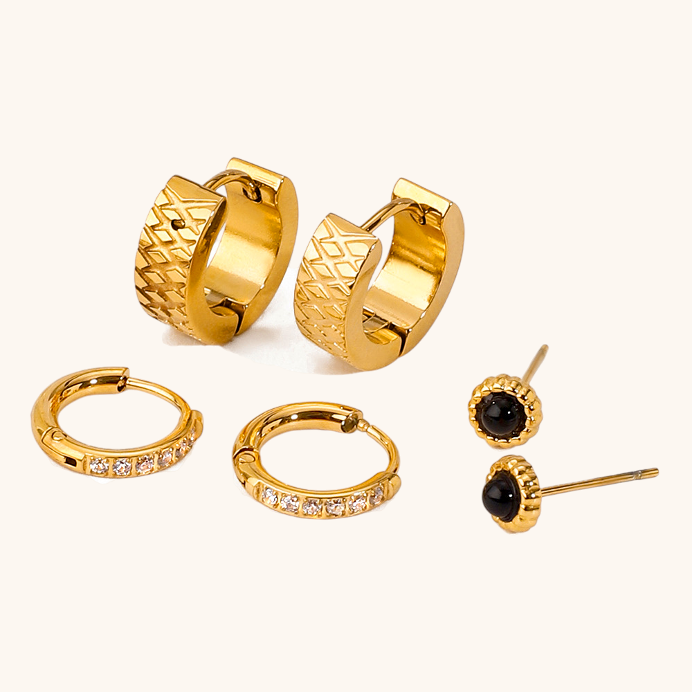 Full display of the 3-pair earring set against a clean white background with high clarity.