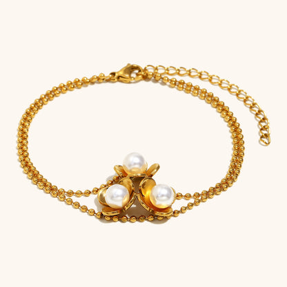 Gold bracelet with 3D flower and pearls, double beaded chain design