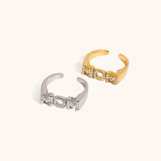 Matching gold and silver MOM rings, perfect gift for stylish mothers