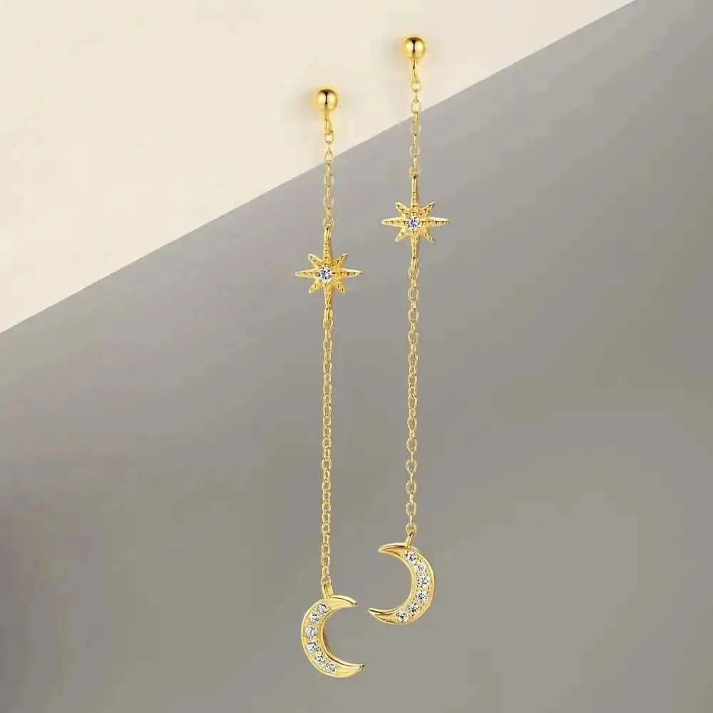Crescent Moon and Star Chain Tassel Earrings