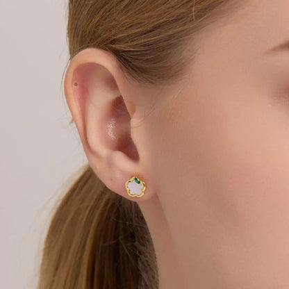 White Shell Flower Stud Earrings with Green Zircon Accent