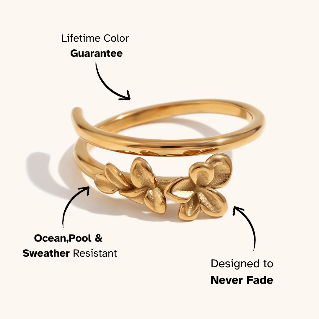 Adjustable floral gold ring with double-band design, worn by European women who love romantic minimalist jewelry.