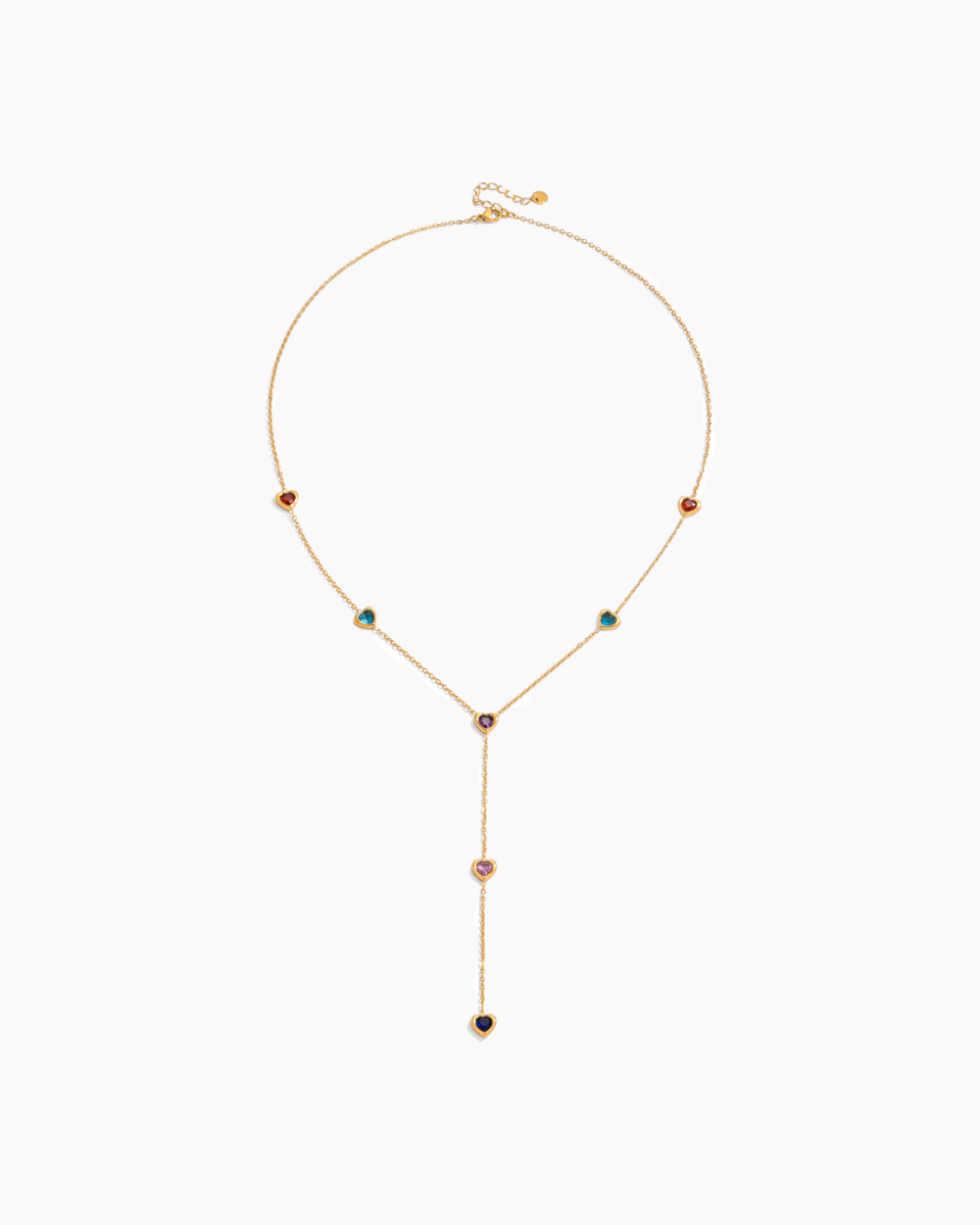 Gold necklace with colorful gemstones on a white background