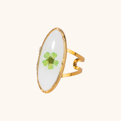 Lucky four-leaf clover set in a square resin gold frame ring