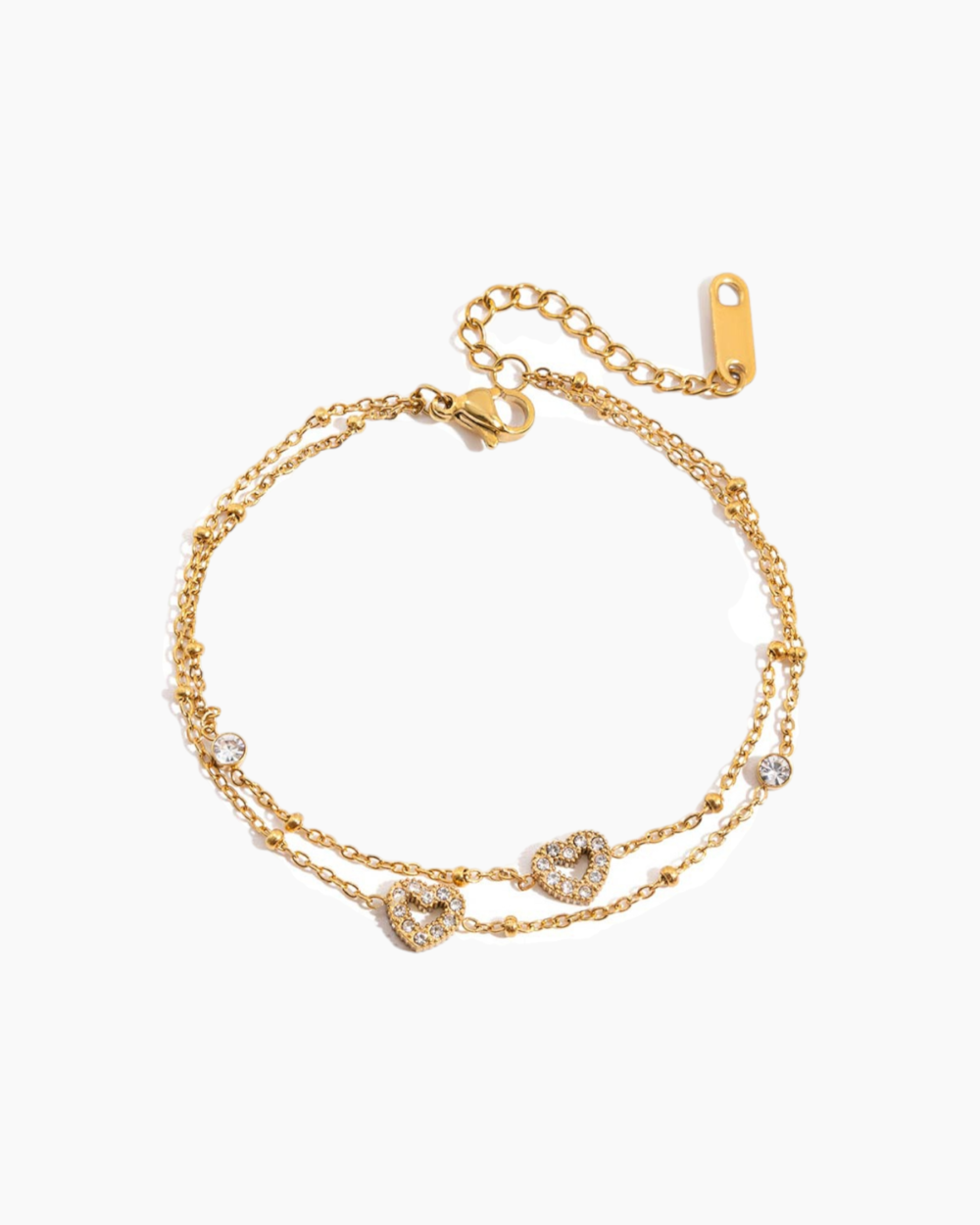 Gold bracelet with heart-shaped charms on a white background