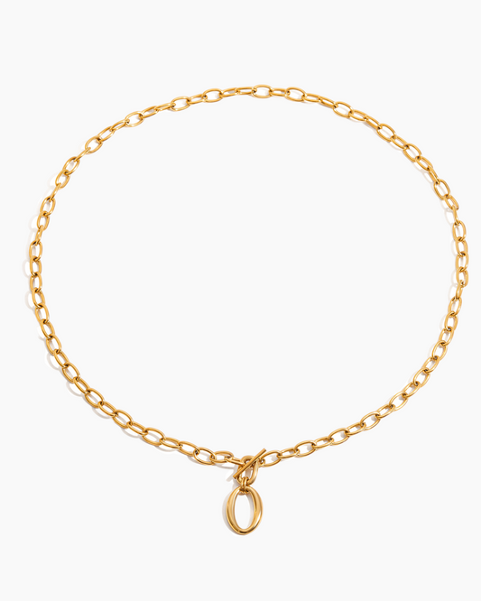 Gold chain necklace with a small pendant on a white background