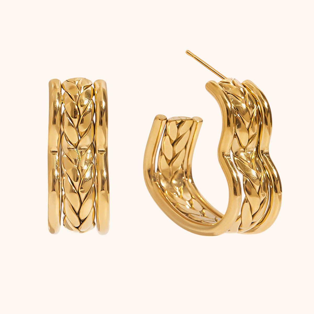 Elegant woven gold earrings in warm natural light