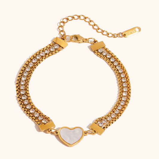 gold bracelet with white heart shell and double crystal rows