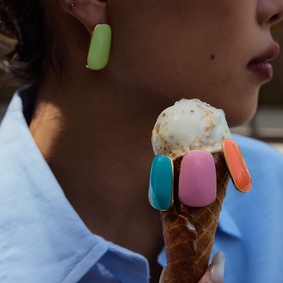 enamel earrings styled on ice cream cone with green, pink, blue, coral