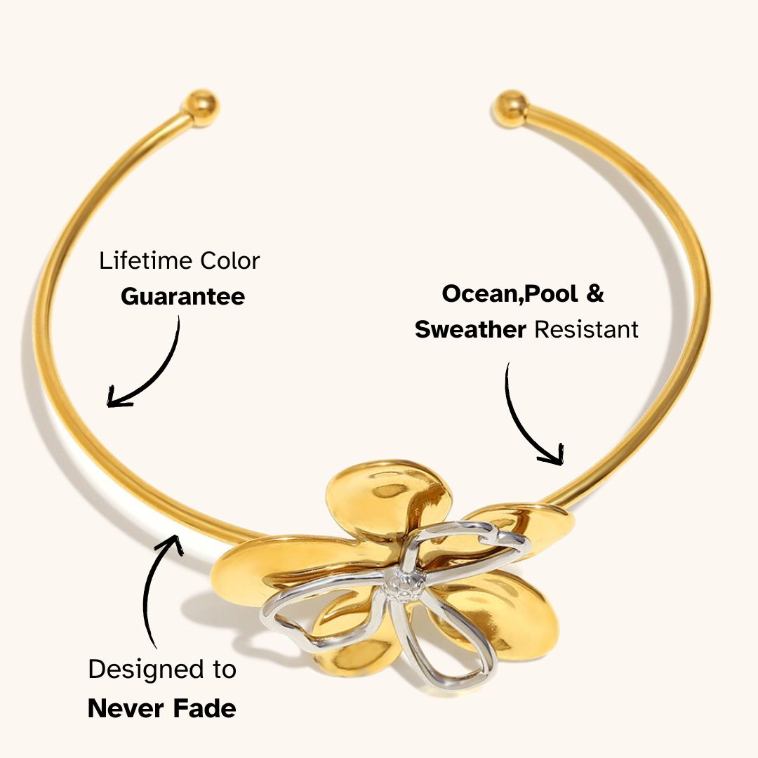 Sculptural gold and silver floral cuff bracelet, open design, durable and fade-free, great for stylish European looks