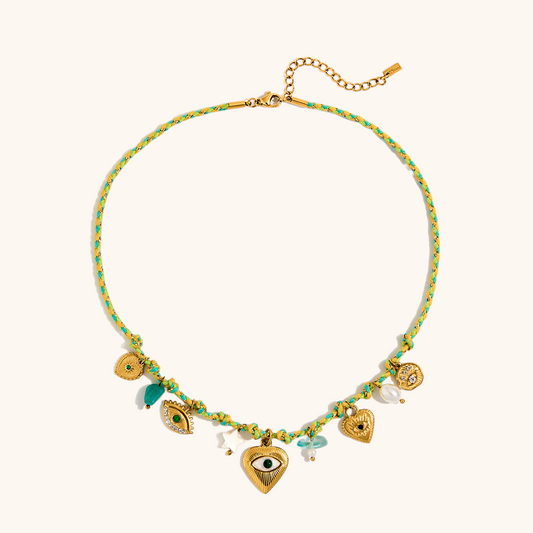 Braided green and yellow cord necklace with evil eye pendants