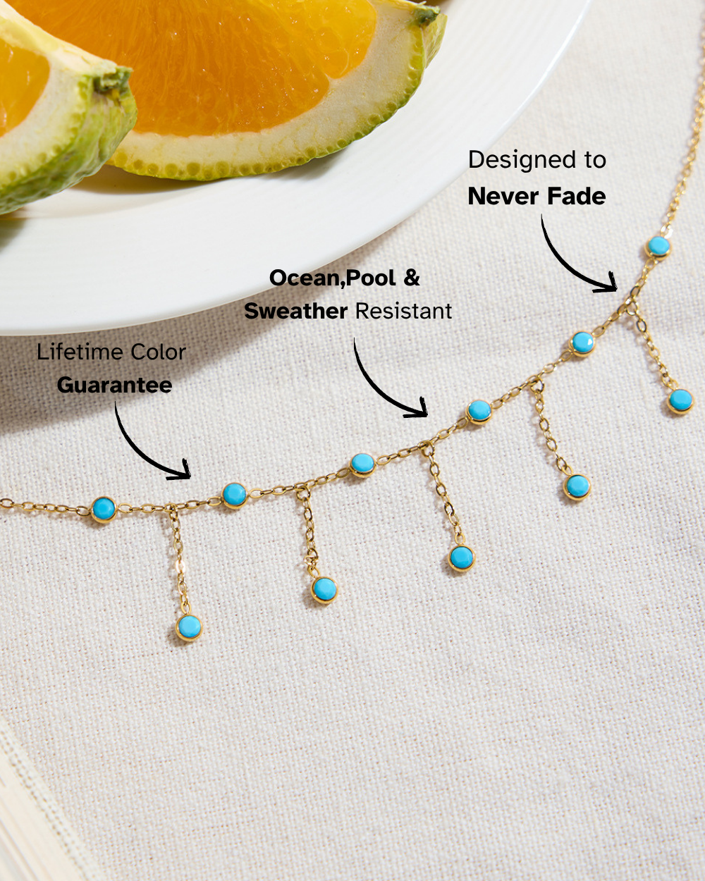 Necklace with turquoise stones on a white background with text highlighting features