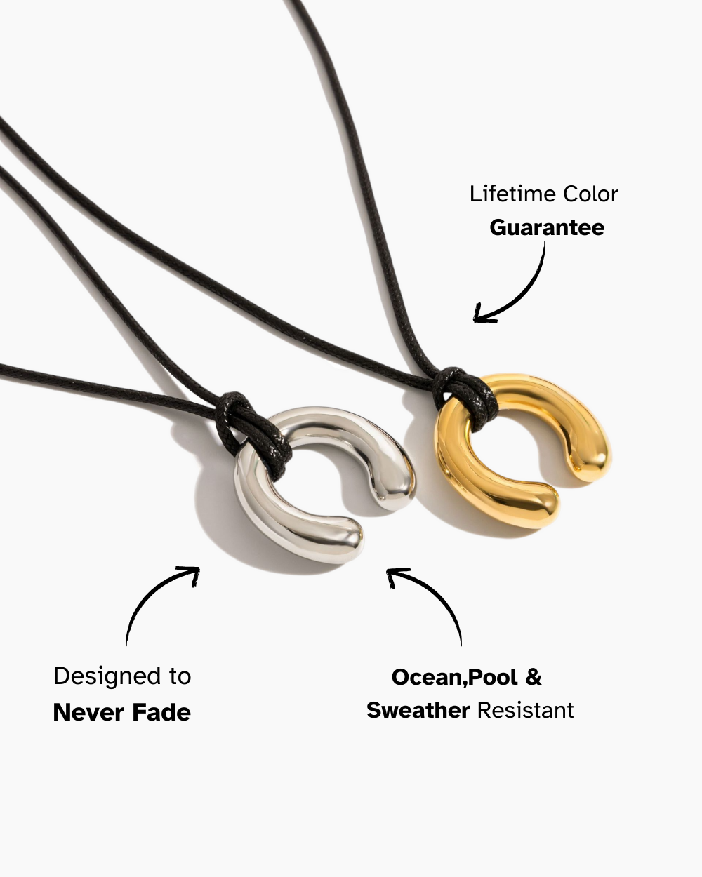 Two necklaces, one silver and one gold, on a white background with text about color guarantee and durability.