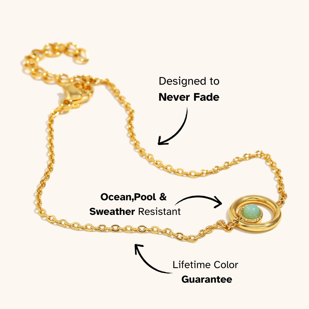 Gold chain bracelet with green gemstone pendant, waterproof and tarnish-free, ideal for minimalist European summer outfits