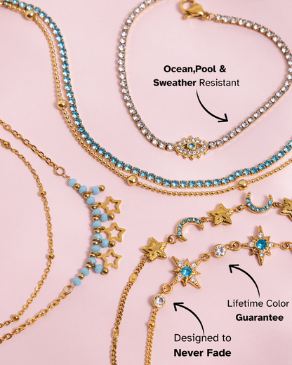 Gold and turquoise jewelry set on a pink background with text highlighting features.